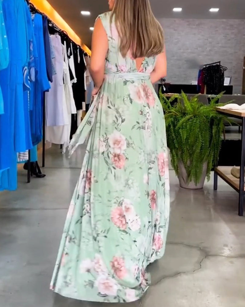 Gia - Robe longue sans manches à fleurs avec fente