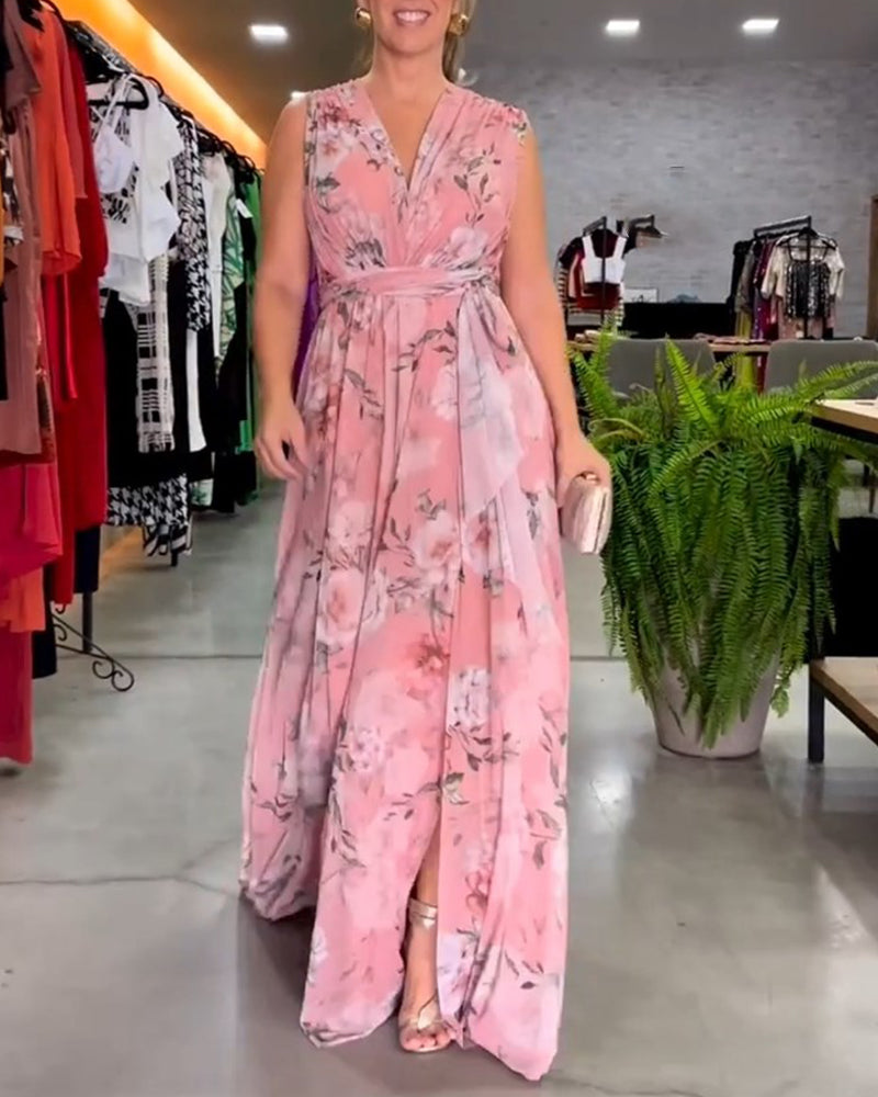 Gia - Robe longue sans manches à fleurs avec fente