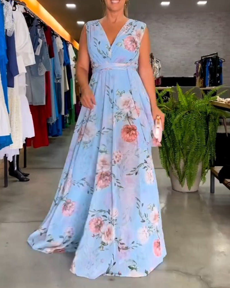 Gia - Robe longue sans manches à fleurs avec fente