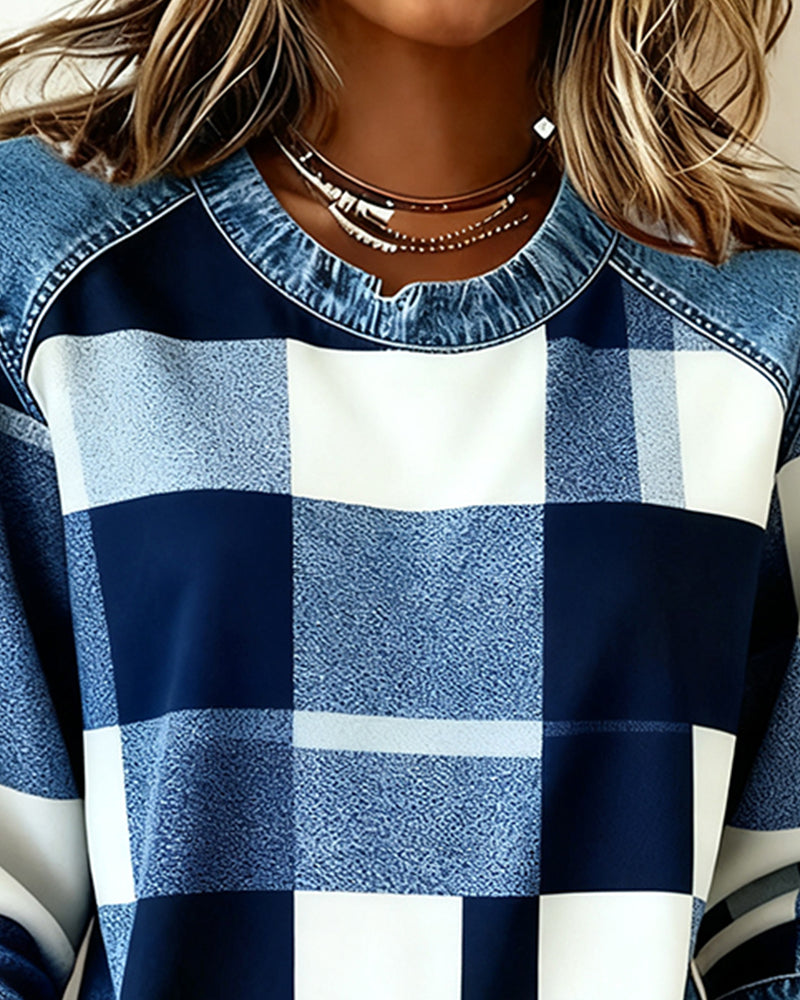 Oriane | Sweatshirt avec Patchwork à Carreaux et Couleur Contrastée