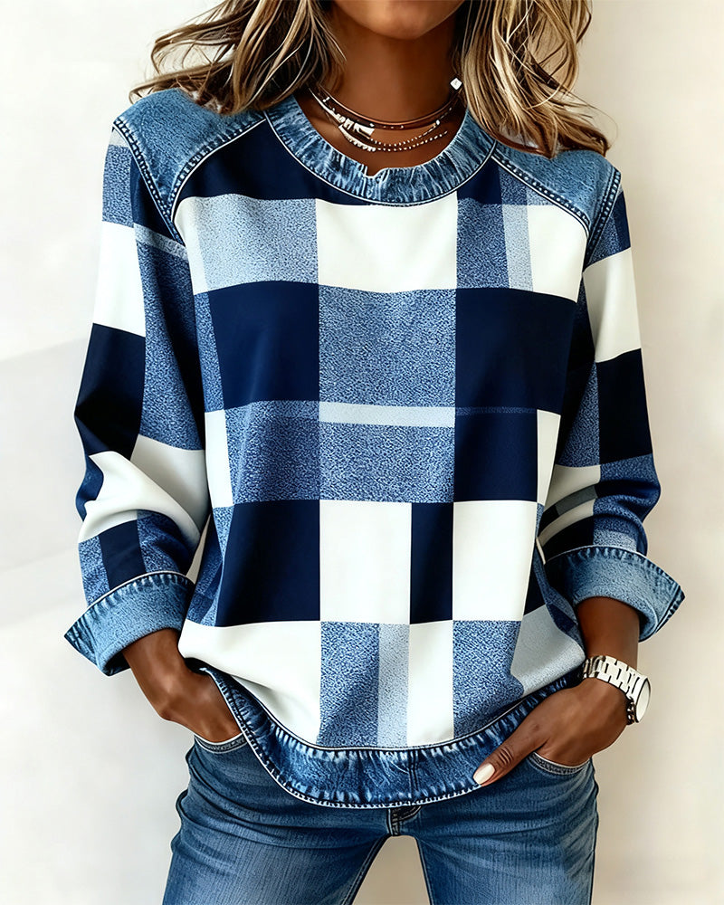 Oriane | Sweatshirt avec Patchwork à Carreaux et Couleur Contrastée