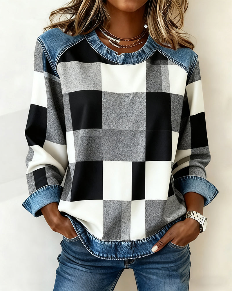 Oriane | Sweatshirt avec Patchwork à Carreaux et Couleur Contrastée