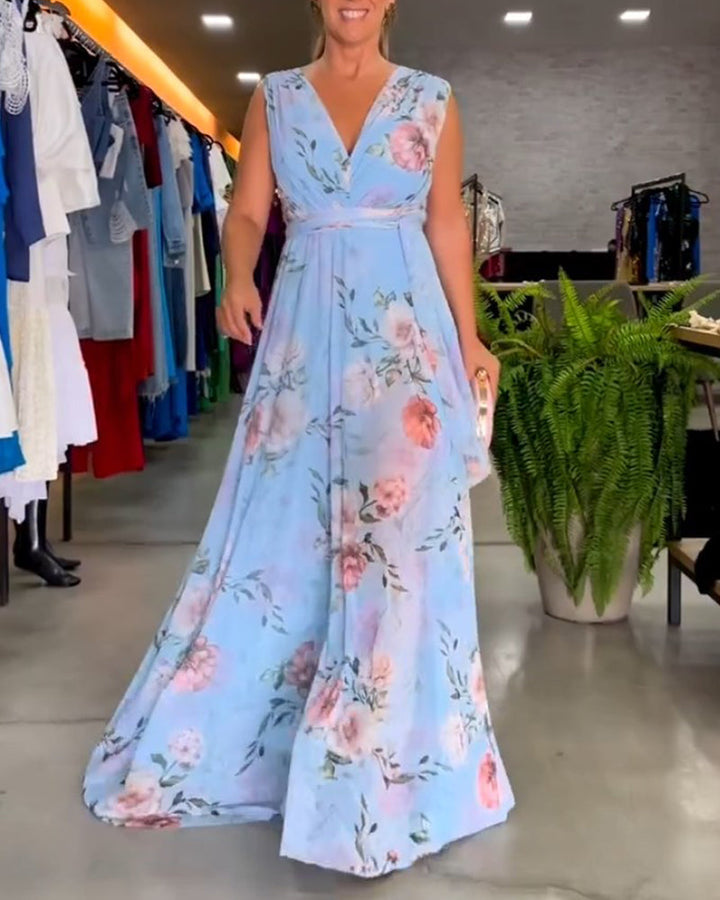 Gia - Robe longue sans manches à fleurs avec fente