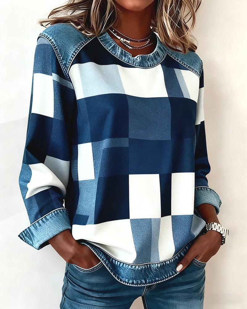 Oriane | Sweatshirt avec Patchwork à Carreaux et Couleur Contrastée