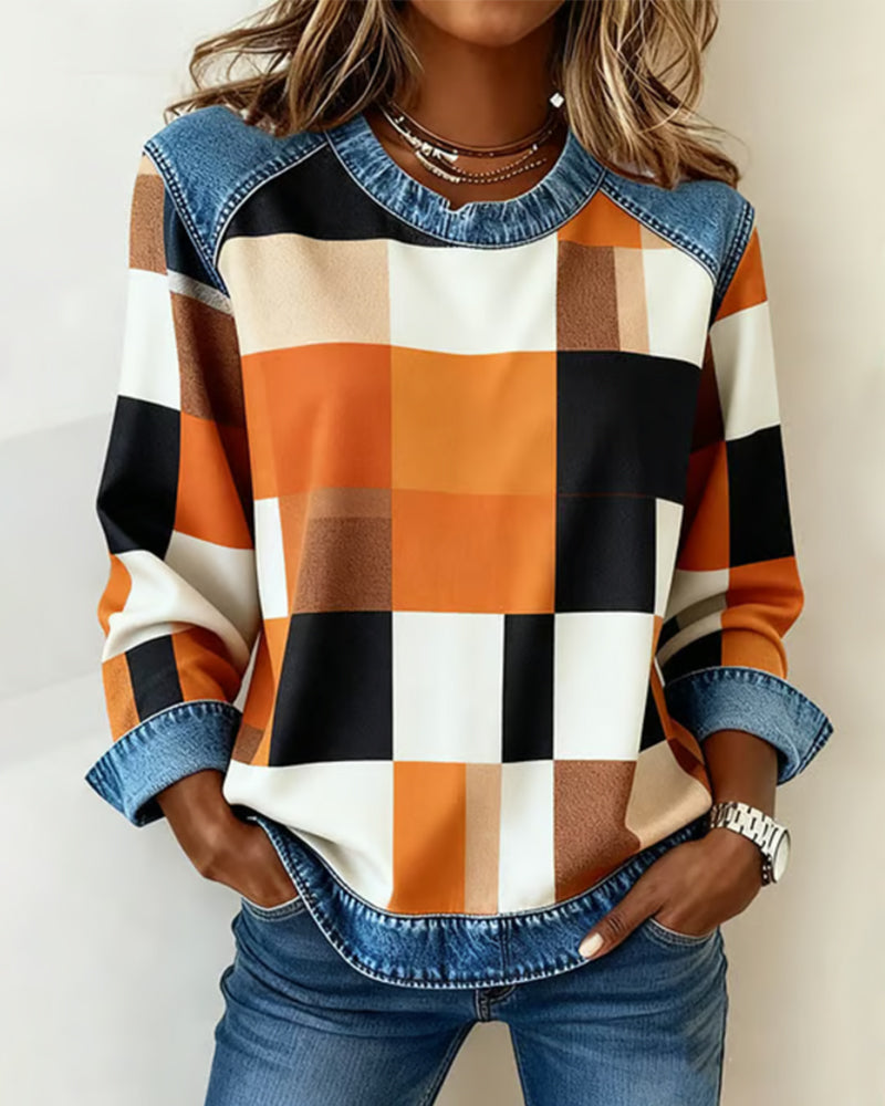Oriane | Sweatshirt avec Patchwork à Carreaux et Couleur Contrastée