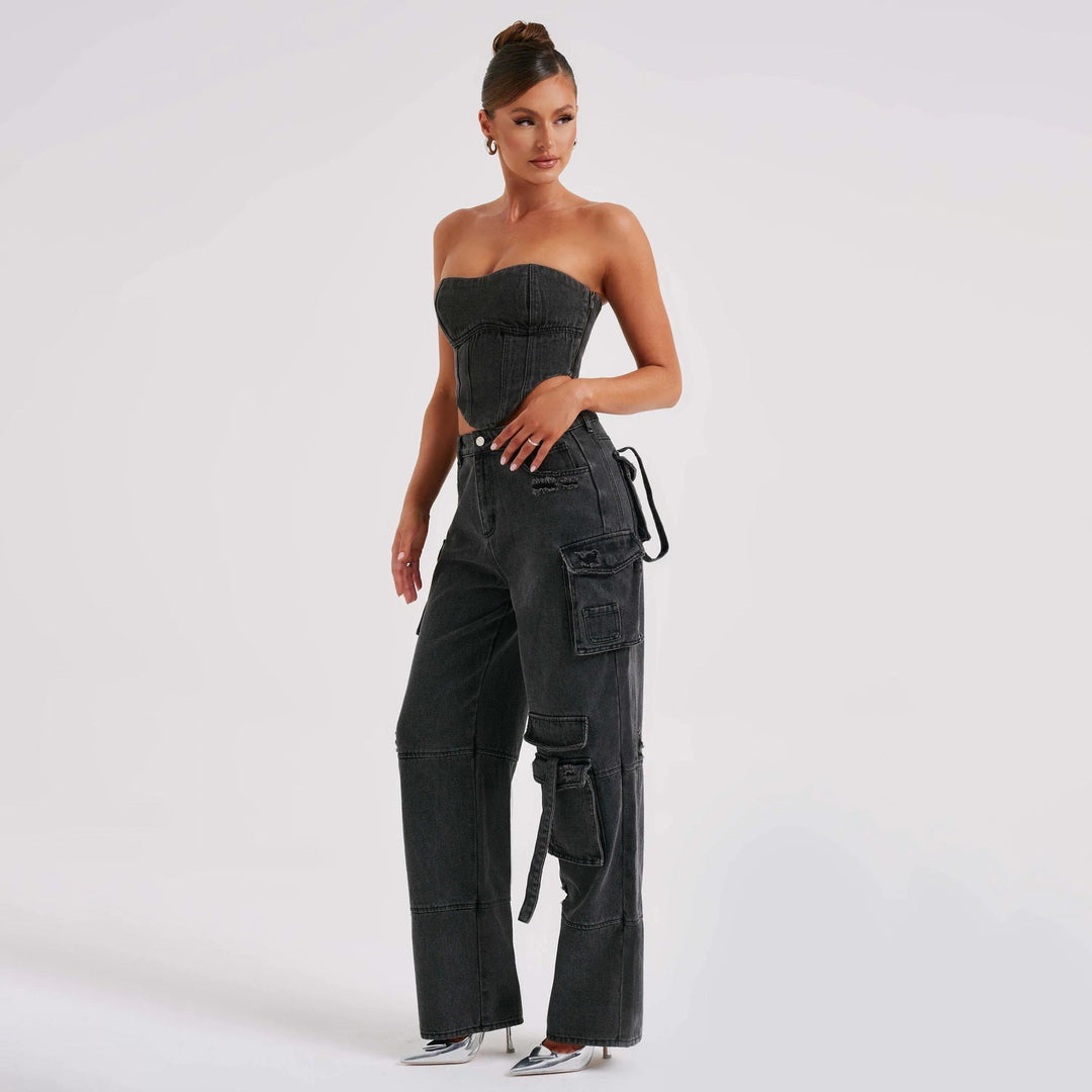 L'LEVANI™ | Ensemble bustier et jean cargo délavé