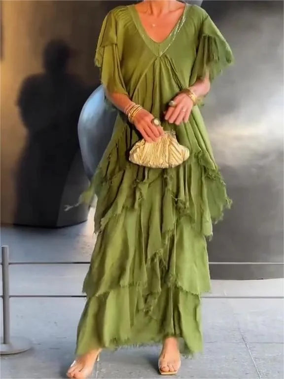 Blaise - Robe Maxi à Manches Courtes Volantes et Décolleté en V