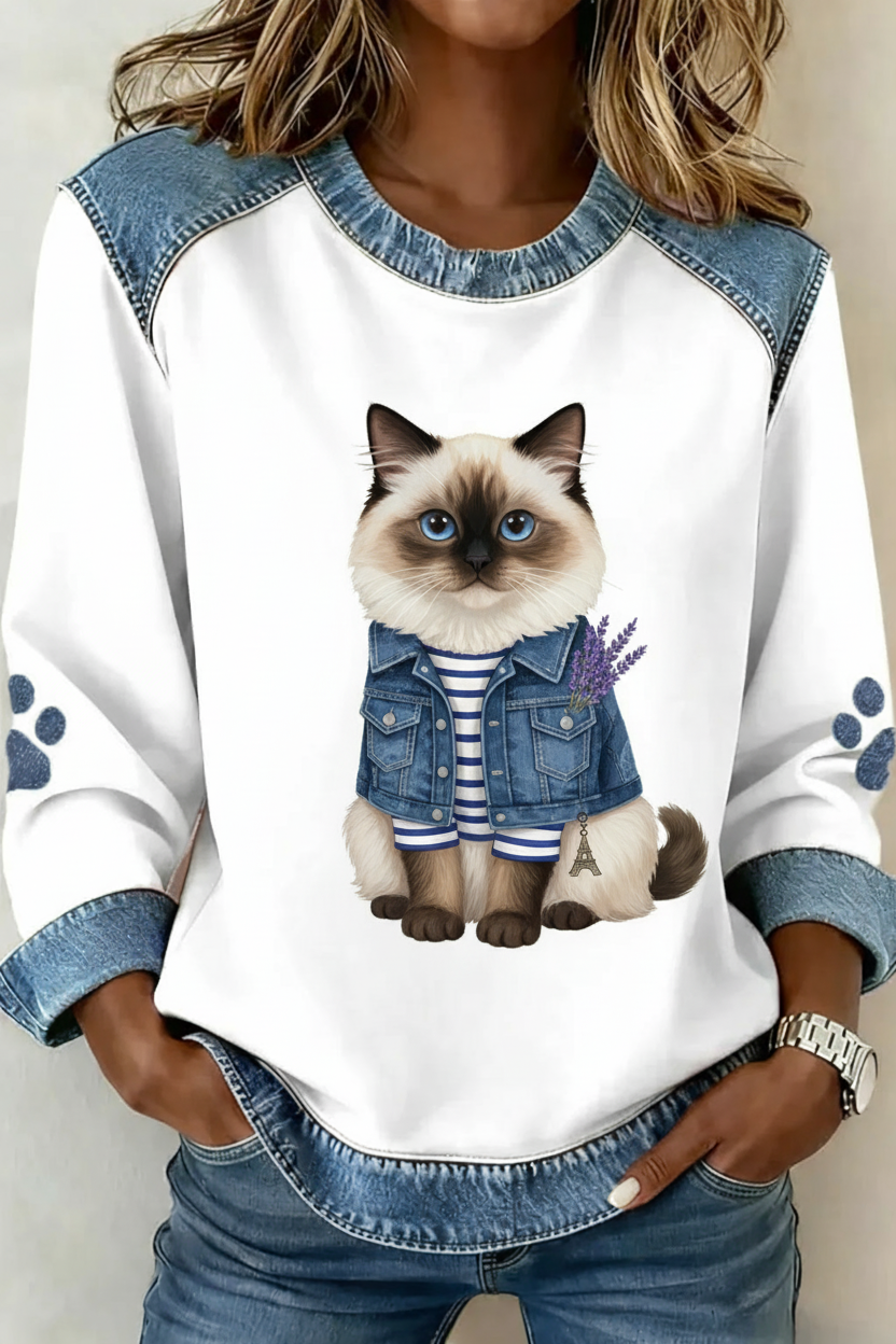 Kat met Marseille marinière en denim jasje